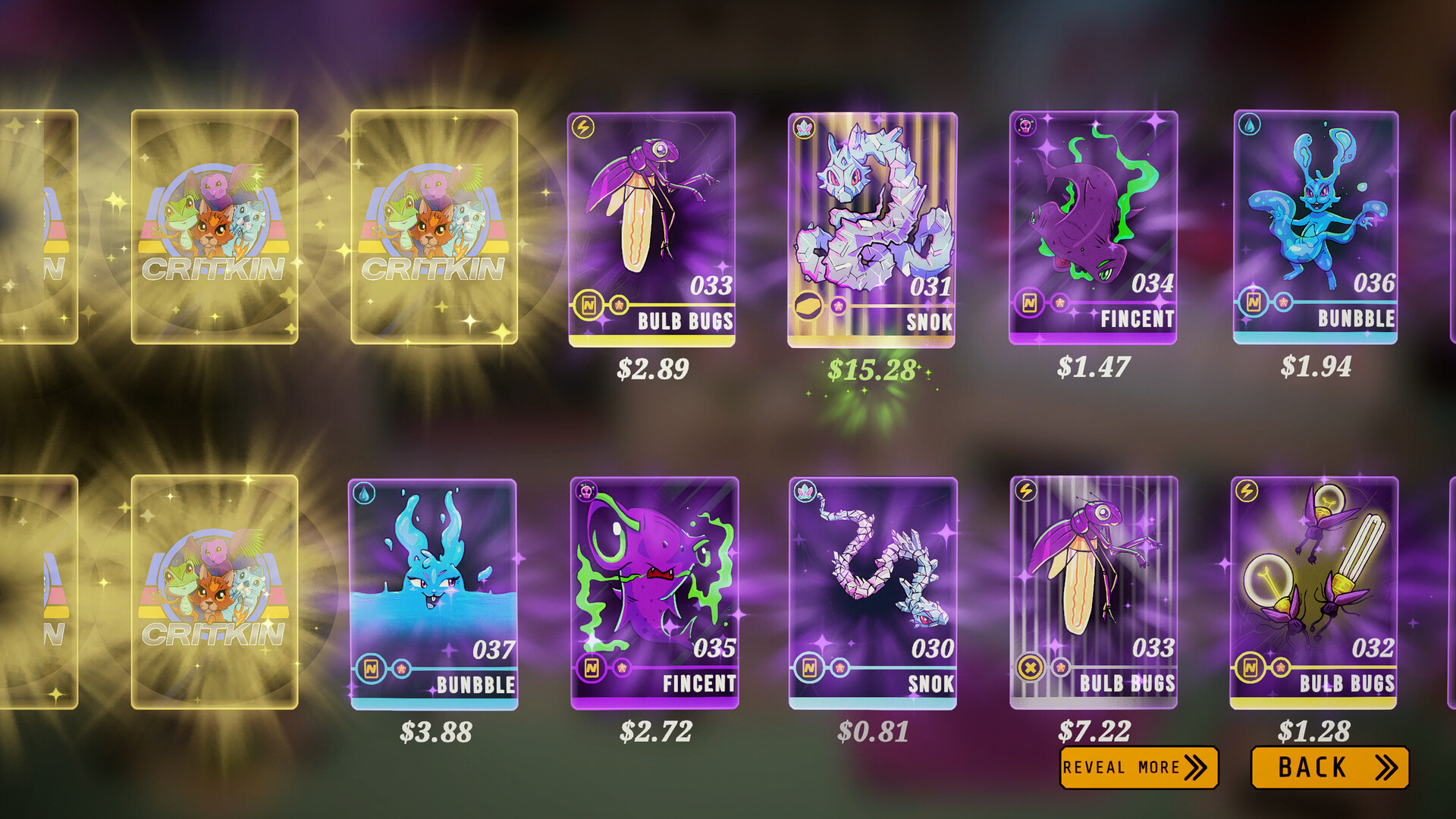 A booster reveal screen showing several Critkin cards side by side, each printed with its own sale price, with one gold card glowing as the most valuable of the spread.