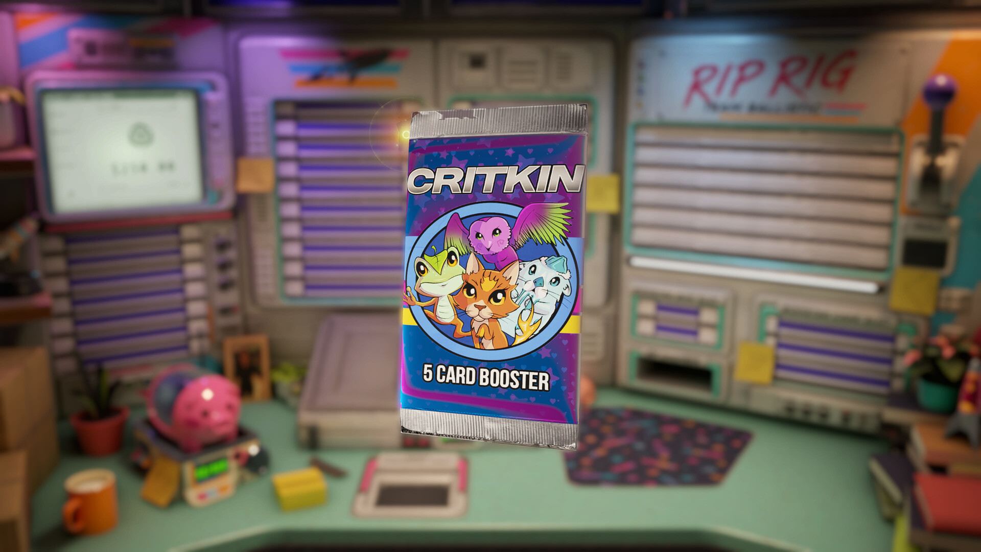 A CRITKIN 5 Card Booster pack held in front of the retro-futuristic desk, with the RIP RIG wall sign blurred behind it.