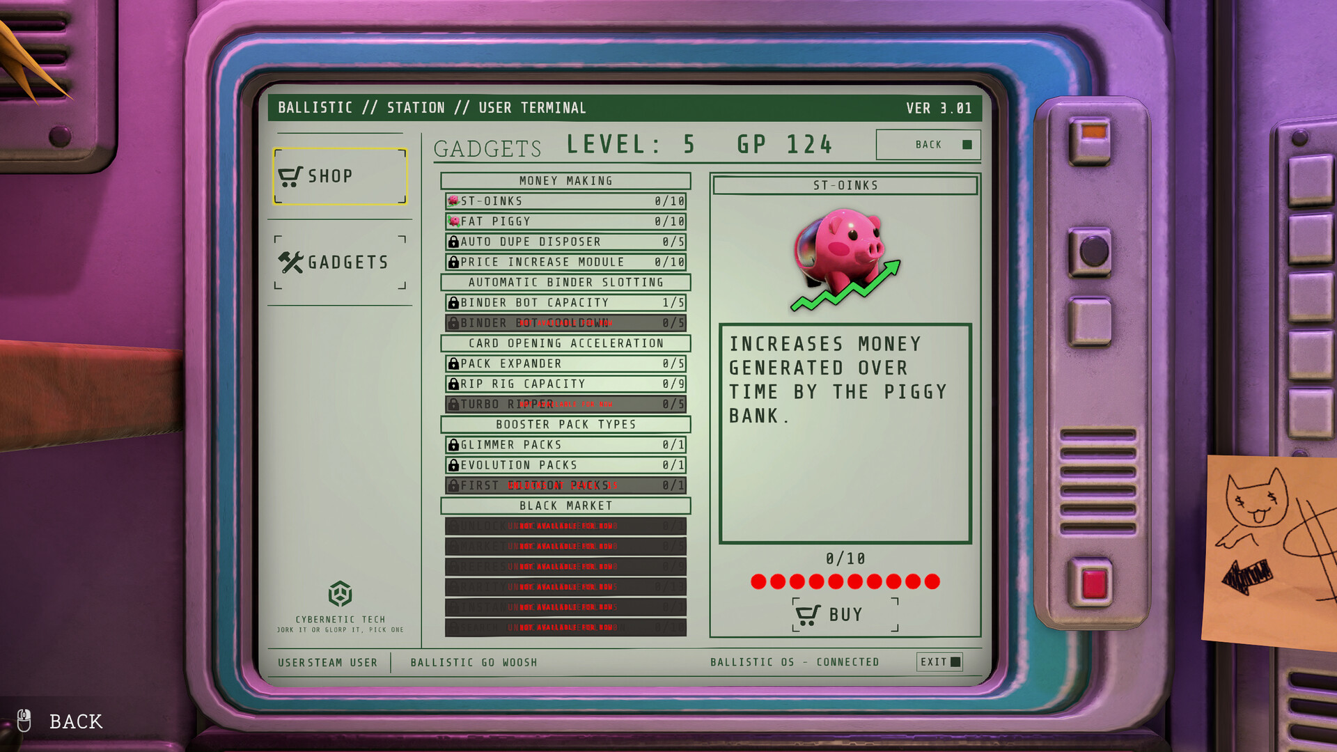 The desk terminal showing the GADGETS screen: every upgrade listed in five groups with its current level against the maximum.