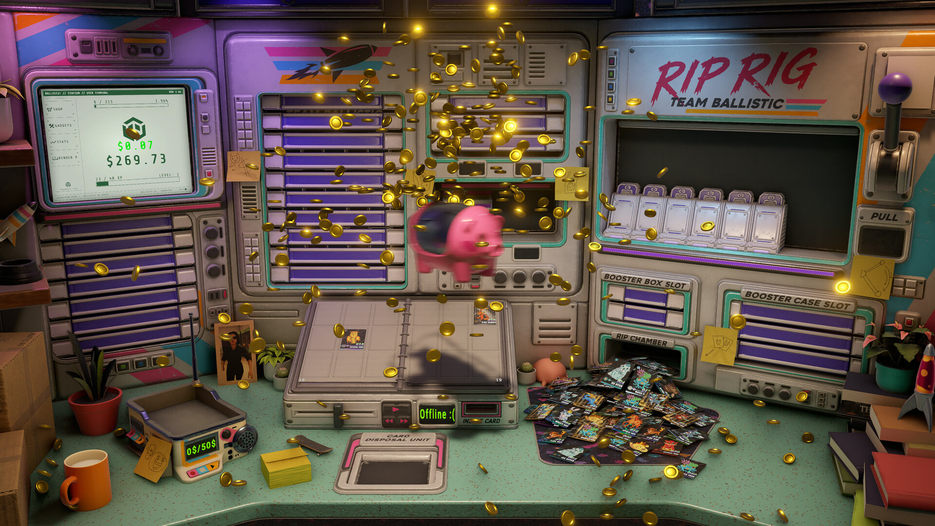 The full card workstation during a coin payout: gold coins falling across the desk, the piggy bank in the centre, and the terminal showing the cash total.